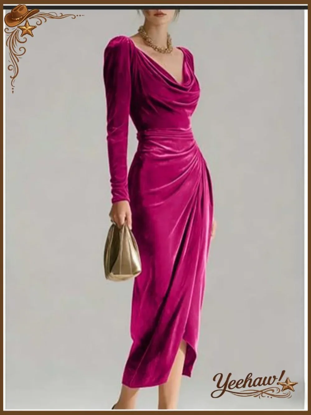 Velvet Cocktail Dress Cowl Neck Long Sleeve Midi Bodycon Ruched Slit - Picture 3 of 4